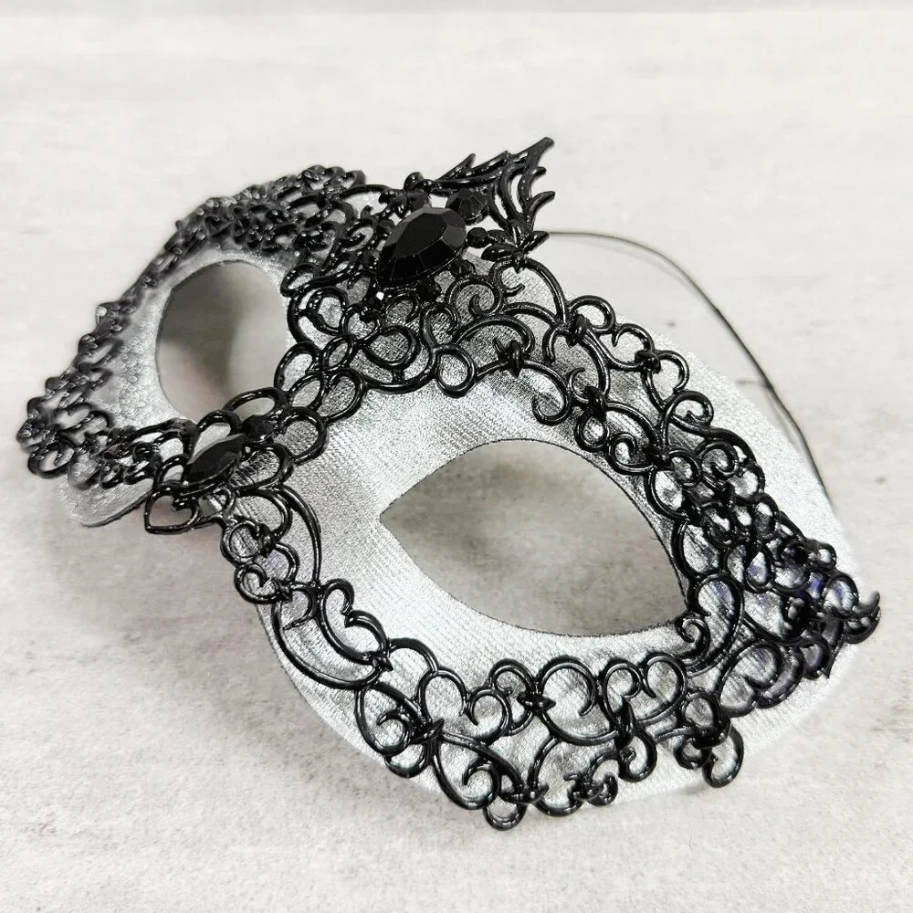 Mens masquerade mask, Black silver mask, Venetian mask, Prom mask, 2 in 1 mask